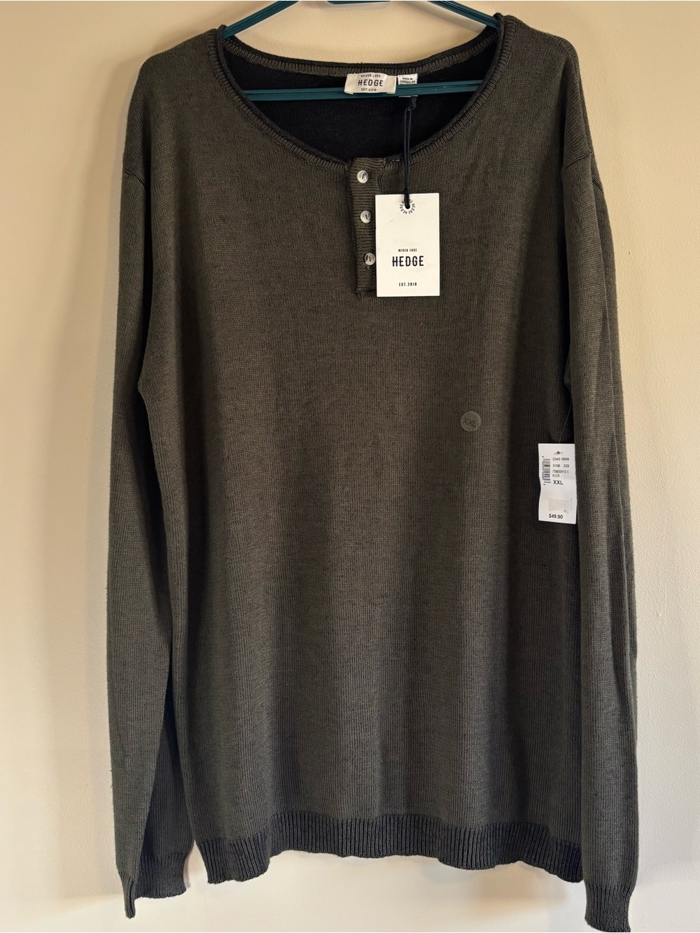 HEDGE Men’s Olive Green Brown Long Sleeve Henley Knit Pullover Sweater NWT XXL